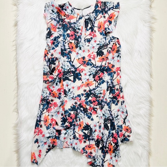 Parker Asymmetrical Ruffled White Colorful Floral Print Sleeveless Dress - Picture 9 of 12